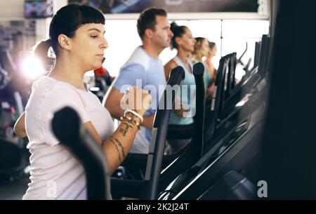 Mit einem gleichmäßigen Tempo. Eine kurze Aufnahme einer Gruppe junger Menschen, die im Fitnessstudio an Laufbändern trainieren. Stockfoto