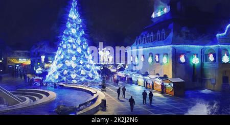 Weihnachtsbaum auf dem Platz, Silhouetten von Menschen, Weihnachtsmarkt Stockfoto