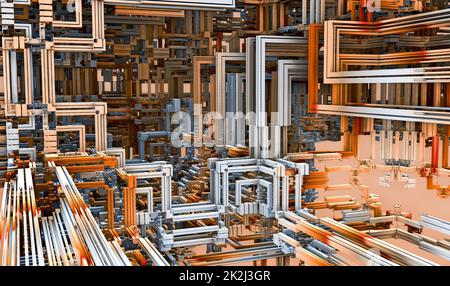 3D Illustration einer wunderschönen, unendlichen, mathematischen mandelbrot-Set-foktalen, futuristischen Metallstruktur Stockfoto