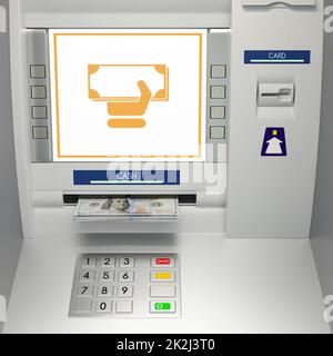 Geldautomat, Banknoten in Geldautomat 3D-Illustration Stockfoto