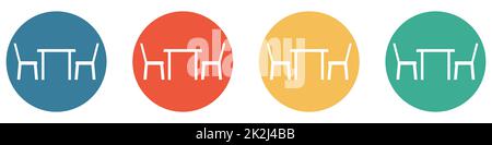 Farbenfrohes Banner mit 4 Knöpfen: Tisch mit zwei Stühlen Stockfoto