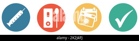 Farbenfrohes Banner mit 4 Knöpfen: Impfstoff, Schnelltest oder wiedergefunden Stockfoto