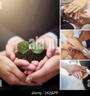 Mit Händen gedrängt. Zusammengesetztes Bild einer vielfältigen Gruppe von Händen. Stockfoto