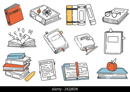 Handgezeichnetes Buch-Doodle-Set. Stapel von Büchern mit Lesezeichen und Notizbüchern. Zeichnungssymbole Wissenselemente. Vektor-Symbole des Lesens und Lernens für die Bildung. Pädagogische Literatur und Wörterbuch. Stock Vektor
