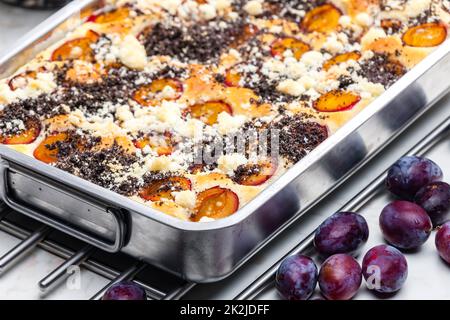 Pflaumenkuchen mit Mohnsamen und Krümel Stockfoto