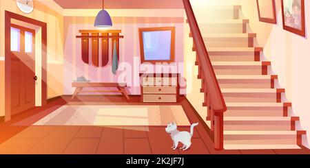 Cartoon-Haus Flur Eingang Innenraum mit hölzernen Kleiderbügel, Treppen und Möbel. Zuhause im Inneren mit weißer Katze, Teppich, Spiegel, Treppe, Hut auf Bank und Uhr an der Wand. Die Sonne scheint durch die Eingangstür. Stock Vektor
