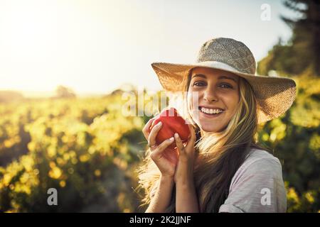 Die pfefferkrissende Jahreszeit. Aufnahme einer jungen Frau, die einen frisch gepflückten roten Pfeffer auf einem Bauernhof in der Hand hält. Stockfoto