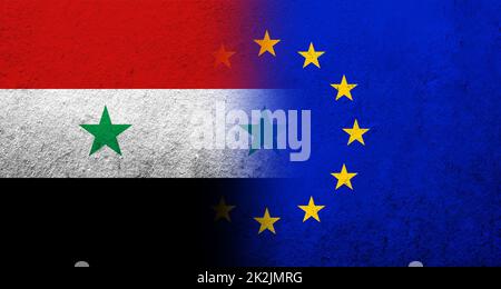 Flagge der Europäischen Union mit der Arabischen Republik Syrien Nationalflagge. Grungen Hintergrund Stockfoto