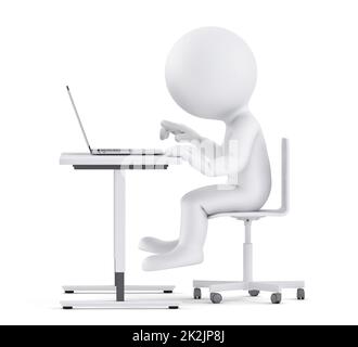 Mann, der am Schreibtisch sitzt und an einem Laptop arbeitet. 3D-Illustration. Isoliert Stockfoto