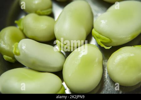 Nahaufnahme rohe grüne Fava-Bohnen, Draufsicht Stockfoto