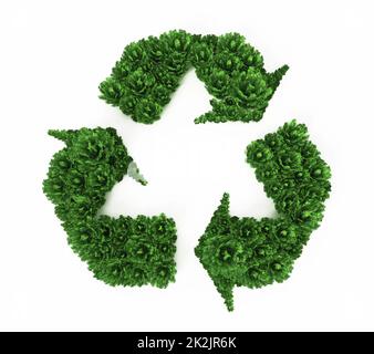 Grüne Büsche bilden das Recycling-Symbol. 3D Abbildung Stockfoto