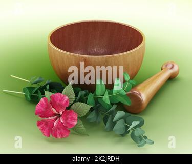 Mörser, Pistill und Blume auf grünem Hintergrund isoliert. 3D Illustration. Stockfoto