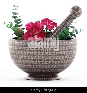 Mörser, Stößel und Blume isoliert auf weißem Hintergrund. 3D Abbildung Stockfoto