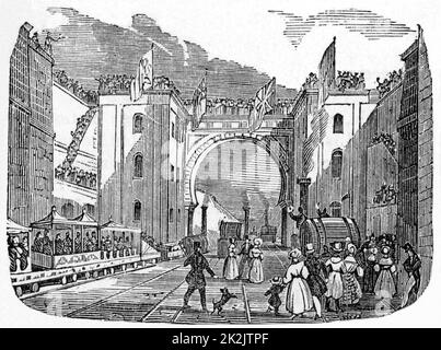 Eröffnung der Liverpool and Manchester Railway, England am 15. September 1830. Der Ingenieur für die Arbeit war George Stephenson (1781-1848). Holzschnitt aus „Roads and Railroads, Vehicles, and Modes of Travelling“ (London, c1840). Stockfoto