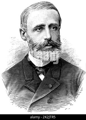 (Raymond) Gaston Plante (1834-1889) französischer Physiker, der 1859 den ersten Akku oder die erste elektrische Speicherbatterie erfand. Es handelte sich um eine Nasszelle mit zwei Bleiplatten, die in Schwefelsäure, dem Elektrolyten, eingetaucht waren. Stich aus 'A travers l'Electricite' von Georges Dary (Paris, c1906). Stockfoto