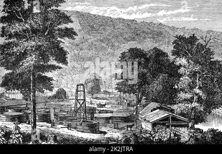 Ölbohrungen bei Hyde und Egbert's Farm, Oil Creek, 150 Meilen den Allegheny River von Pittsburgh, Pennsylvania, usa, hinauf. Gravur aus 'Entdeckungen und Erfindungen des 19. Jahrhunderts' von Robert Routledge (London. L 1876, S. Kraftstoff. Öl. Kohlenwasserstoff. Stockfoto