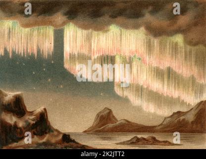 Aurora Borealis oder Northern Lights. Curtain aurora aus Grönland beobachtet, 6. Januar 1861. Verursacht durch Hochgeschwindigkeits-Partikel, die von der Sonne ausgestoßen werden, werden sie am häufigsten während Perioden mit maximalen Sonnenflecken beobachtet. Aus 'die Naturkrafte' von M Wilhelm Meyer (Leipzig, 1903). Chromolithographie. Stockfoto