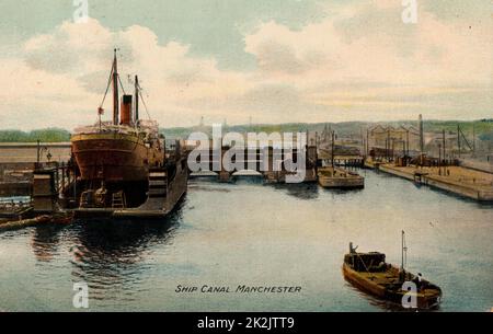 Szene auf dem Manchester Ship Canal, England. Postkarte c1907. Getöntes Foto. Halbton. Stockfoto