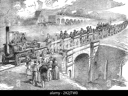 Eröffnung der Stockton und Darlington Railway, 27. September 1825. Der Bauingenieur für die Leitung war George Stephenson (1781-1848) aus "Die Triumphe von Dampf" von Henry Frith (London, c 1898). Stockfoto