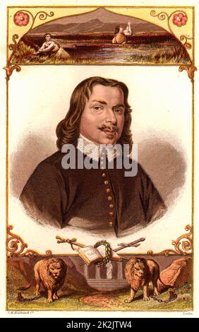 John Bunyan (1628-1688) englischer Puritanischer Prediger. Autor von „The Pilgrim's Progress“ (London, 1878). Porträt aus einer Ausgabe aus der Mitte des 19.. Jahrhunderts, illustriert mit Kronheimer Chromolithographien, mit Szenen aus dem „Jakobsweg“ oben und unten. Stockfoto