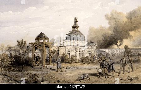 Russisch-türkischen (Krim) Krieg 1853-1856. Belagerung von Sewastopol (Sewastopol) Oktober 1854 bis September 1855. Beschädigte Kirche auf der Rückseite des Redan, wie es nach der Russischen Kapitulation 11. September 1855 erschien. Abbildung von William Simpson für ' Darstellung des Krieges im Osten". 1855-1856. Getönte Lithographie. Stockfoto