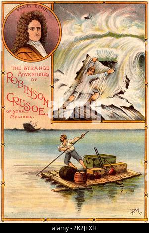 „The Life and Strange Surprising Adventures of Robinson Crusoe“ von Daniel Defoe. Crusoe Schiffbruch, Top, und Transport von Vorräten aus dem Wrack auf einem Floß, das er gemacht hat.zum ersten Mal im Jahr 1719 veröffentlicht, wird behauptet, es sei der erste englische Roman. Der Autor ist oben links dargestellt. Aus „Bubbles“ c1900, veröffentlicht von Dr. Barnados Homes for Children. Oleograph. Stockfoto