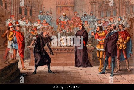 Portia, getarnt als Anwalt Balthazar, verteidigt Antonio gegen Shylocks Forderung nach einem Pfund Fleisch bei der Abwicklung seiner Schulden. „Der Kaufmann von Venedig“ Akt IV, Szene I. Illustration von Robert Dudley (aktiv 1858-1893), veröffentlicht 1856-1858 für die Komödie „der Kaufmann von Venedig“ von William Shakespeare, geschrieben zwischen 1596 und 1598. Chromolithographie. Stockfoto