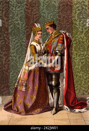 Heinrich V. (1387-1422), König von England von 1413, umworben Katherine, Tochter des französischen Königs. „King Henry V“ Akt V, Szene II Illustration von Robert Dudley (aktiv 1858-1893), veröffentlicht 1856-1858 für das historische Drama 'King Henry V' von William Shakespeare, geschrieben 1599. Henry heiratete Katharina von Valois im Jahr 1420 nach Abschluss des "ewigen Friedens" von Troyes. Chromolithographie. Stockfoto