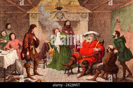 Falstaff, Prinz Hal, und ihre Kumpane beim Wildschwein Kopf Taverne, Eastcheap, Falstaff spielen wird der König. "Henry IV Teil I'Act II. Szene IV. Abbildung: 1856-1858 von George Cruickshank (1792-1878) für "Henry IV Teil I "historische Theaterstück von William Shakespeare geschrieben. c 1597. Chromolithograph. Stockfoto