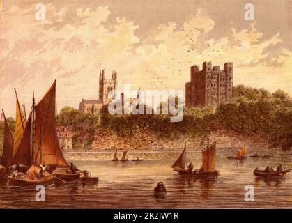 Rochester, Kent, England, liegt am Fluss Medway. Auf der anderen Flussseite, auf der sich Segelschiffe befinden, befinden sich das Schloss aus dem 12.. Jahrhundert und die Kathedrale. Als „Cloisterham“ ist die Stadt Schauplatz von Charles Dickens letztem, unvollendeten Sensationsroman „das Geheimnis von Edwin Drood“ (1870). Chromolithograph von Kronheim & Co., London, 1869. Stockfoto