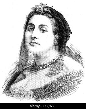 Caroline Elizabeth Sarah Norton (geb. Sheridan - 1808-1877) Englische Dichterin, Romanautorin und Pamphleteerin. Wegen des Missbrauchs ihres Mannes setzte sie sich für die Rechte von Frauen in der Ehe ein. Heldin des Romans von George Meredith 'Diana der Kreuzschwulen' 1885, basierend auf Carolines Leben. Gravur 1877. Stockfoto