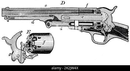 Schnittansicht des Colt Revolvers mit Zylinder und Drehmechanismus bei E. Von Edward H. Knight 'The Practical Dictionary of Mechanics', New York und London um 1878. Stockfoto