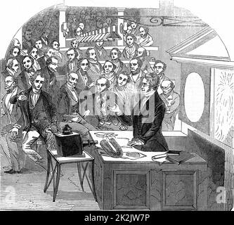 Michael Faraday (1791-1867), britischer Chemiker und Physiker, Vorträge über Elektrizität und Magnetismus Royal Institution, London, 23. Januar 1846. Holzstich. Stockfoto