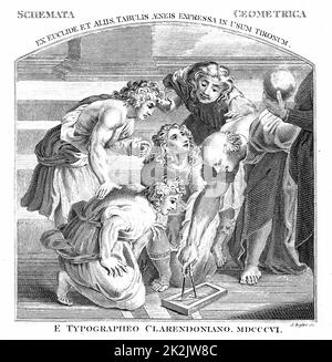 Euklid (fl300 v. Chr.) Altgriechischer Mathematiker, der seinen Schülern vorgeführt hat. Frontispiz von Euclid 'Opus Elementorum', Oxford, 1806 Stockfoto
