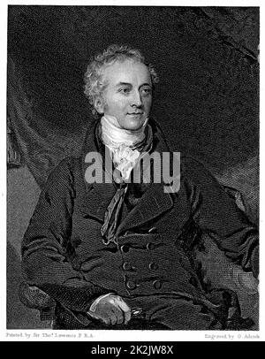 Thomas Young (1773-1829), englischer Physiker und Ägyptologe. Gewellt (Wave) Theorie des Lichts. Entschlüsselung von Rosetta Stone. Gravur nach Portrait von Lawrence. Stockfoto