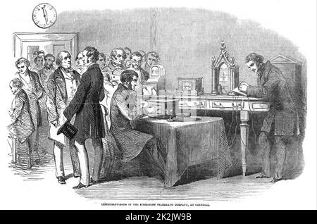 Eröffnung der Telegrafenverbindung von London nach Paris. Instrumentenraum der Submarine Telegraph Company, Cornhill, London, zeigt die Wheatstone-Nadeltelegraphen-Instrumente. Aus Den Illustrated London News, 13. November 1852 Stockfoto