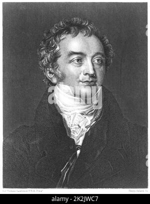 Thomas Young (1773-1829), englischer Physiker und Ägyptologe. Gewellt (Wave) Theorie des Lichts. Entschlüsselung von Rosetta Stone. Gravur nach Portrait von Lawrence. Stockfoto