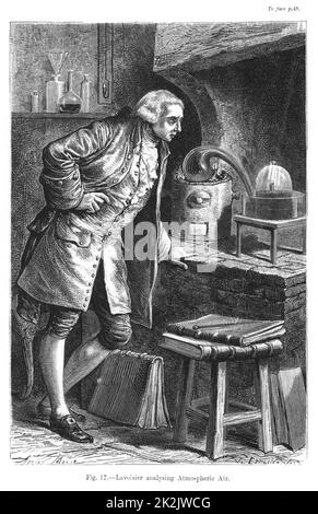 Antoine Laurent Lavoisier (1743-1894), französischer Chemiker, die Untersuchung der Existenz von Sauerstoff in der Luft; Experiment, in dem er Quecksilberoxid gewonnen. Von Camille Flammarion 'Atmosphäre', London, 1873. Gravur Stockfoto