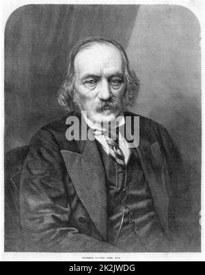 Richard Owen (1804-1892) englischer Anatom und Paläontologe, 1872. Das Wort 'Dinosaurier' (schreckliche Eidechse) wurde 1841 geprägt. Im Gegensatz zu Darwins Theorie der natürlichen Zuchtwahl. Direktor des Natural History Museum, London. Aus „The Illustrated London News“. (London, 3. Februar 1872). Gravur. Stockfoto