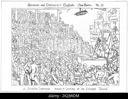 Richard Owen (1804-1892), britischer Naturforscher und Anatom, gibt einen Freitagabend-Diskurs über Fossilien in der Royal Institution, London. Karikatur von Richard Doyle aus 'Punch', London 1849. Holzstich Stockfoto