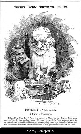 Richard Owen (1804-1892), englischer Zoologe. Geprägten Begriff der 'Dinosaurier' (1841). Gegen Darwin und der Evolution. Abbildung mit Buchstaben in Mund verlassen ist Th. Huxley. Richard Linley Sambourne' Fancy Portrait' für 'Lochen', London, 5. Januar 1884. Gravur Stockfoto