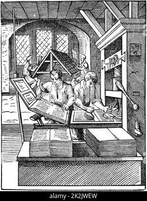 Der Drucker-Workshop. Holzschnitt von Jost Amman von Hartmann Schopper "Panoplia", Frankfurt am Main, 1568 Stockfoto