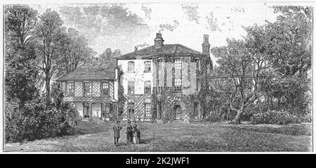 Charles Darwin (1809-1882), Down House, in der Nähe von Beckenham, Kent, Heimat des englischen Naturforschers Charles Darwin. Evolution durch natürliche Selektion. Aus „The Illustrated London News“, 10. Dezember 1887. Gravur Stockfoto