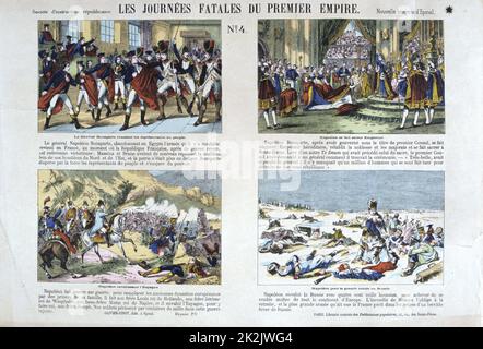 Tafel mit Illustrationen aus den Bilderies d'Epinal. Platte #4. Farbige Bilderserie, die das Leben Napoleons 1. darstellt: - Der Staatsstreich des brumaires von 18 (9. November 1799) und die Machtergreifung durch Napoleon Bonaparte. - Krönung, 2. Dezember 1804 - Französische Truppen sterben bei der Berezina während des Rückzugs aus Russland, Winter 1812 - der Peninsular-Krieg in Spanien (1808) Stockfoto