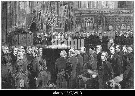 Charles Robert Darwin (1809-1882), englischer Naturforscher. Evolution durch natürliche Selektion. Darwin's Beerdigung in der Westminster Abbey, aus 'Grafik', London, 6. Mai 1882. Gravur Stockfoto