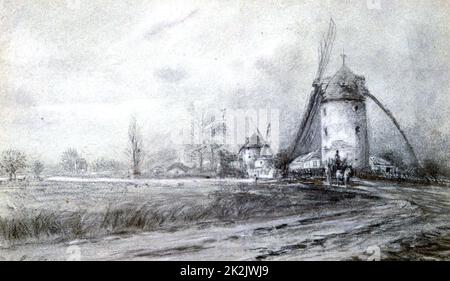 Stanislas Lépine Französische Schule Landschaft mit Windmühle Paysage au moulin 19. Jahrhundert Holzkohle Privatsammlung Stockfoto