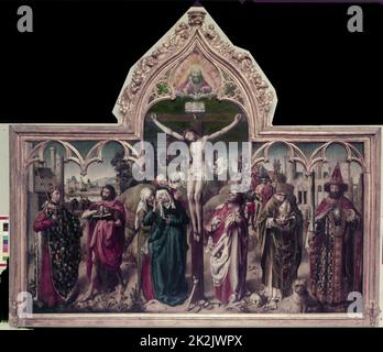 Anonym 15. Jahrhundert: Französische Schule. Altarbild des Pariser Parlaments. L: St. Louis (Ludwig IX. Von Frankreich) mit einer Tabarte von Fleur-de-lys von Karl VII. Und Johannes dem Täufer. R: Karl der große und St. Denis (tragend Kopf) Zentrum: Christus gekreuzigt mit drei Stockfoto