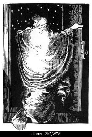 Illustration für ein Plakat, auf dem das Theaterstück von „The Woman in White“, dem Sensation-Roman von Wilkie Collins, 1860 veröffentlicht wird, veröffentlich wird. Die Bühnenversion wurde am 9. Oktober 1871 im Olympic Theatre, London, eröffnet. Die Illustration ist von Collins' Freund, dem englischen Illustrator Frederick Walker (1840-1875). Stockfoto