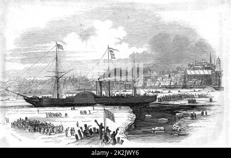 Der Raddampfer „Britannia“ verlässt Boston, usa. Dies war das Schiff, auf dem der englische Schriftsteller Charles Dickens 1842 von Liverpool nach Amerika segelte. Aus „The Illustrated London News“ (London, 23. Oktober 1847). Gravur. Verkehr. Versand. Stockfoto