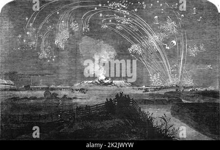 Krim-Krieg (Russisch-Türkisch) 1853-1856. Lagerfeuer und Feuerwerk auf Woolwich Marshes, England, anlässlich des Falls von Sebastopol (Sewastopol), 11. September 1855. Aus „The Illustrated London News“ (London, 22. September 1855). Gravur. Sieg. Feiern. Pyrotechnik. Stockfoto